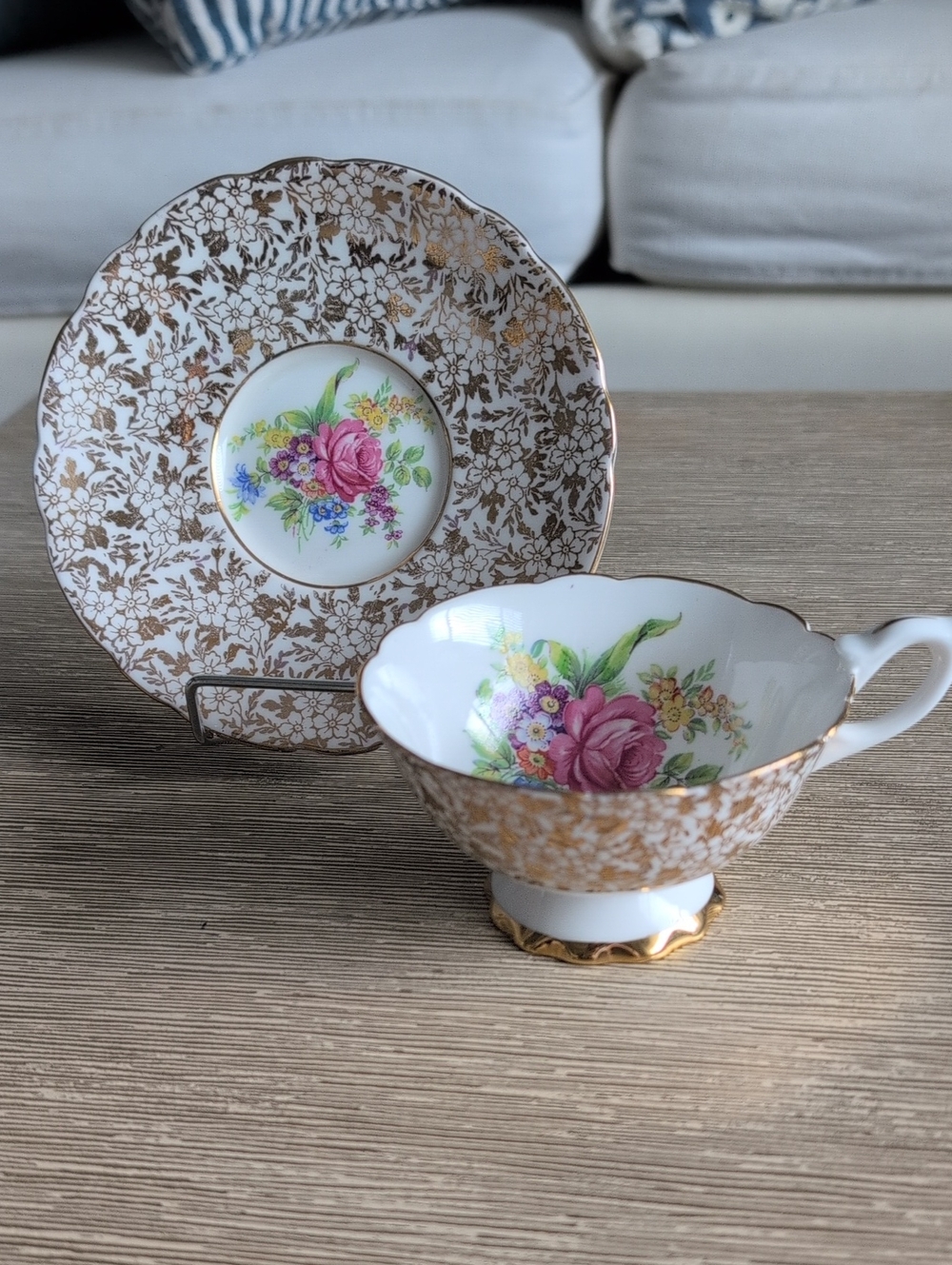 Vintage Floral Gold Accent English Bone China Teacup & Saucer Set